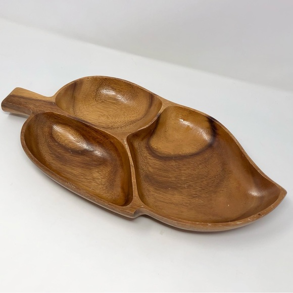 Alii Woods Honolulu Vintage MCM Leaf Monkey Pod Wood Divided Relish Snack Plate - Picture 3 of 10